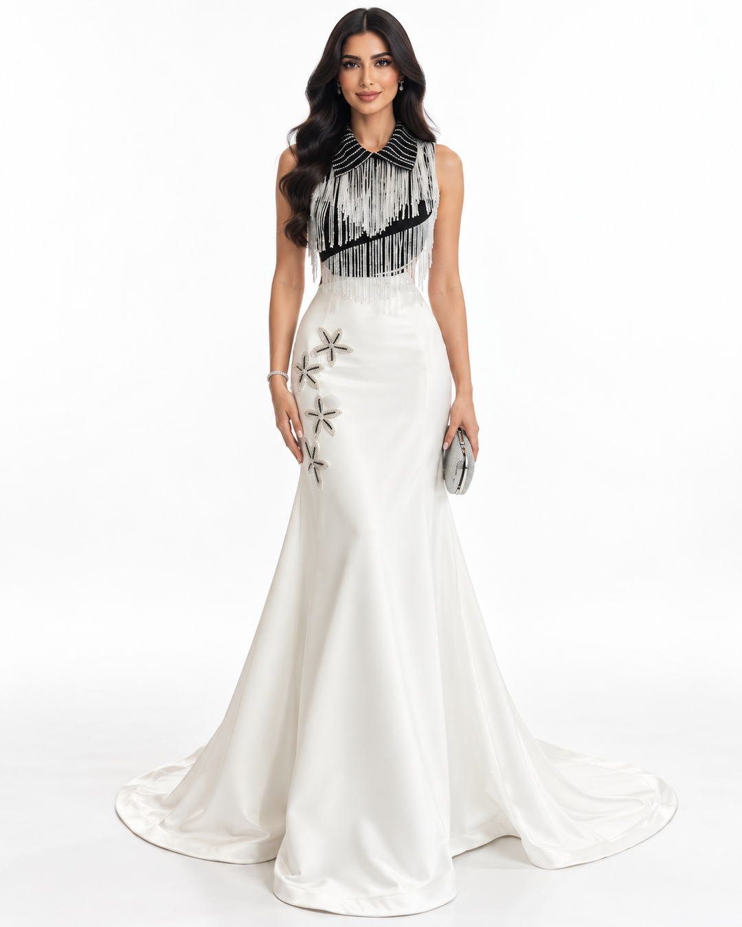 Fringe Collar Embellished Mermaid Evening Gown - Monarque