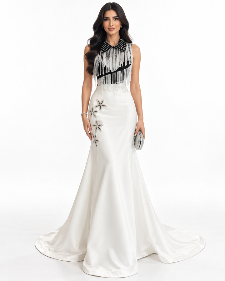 Fringe Collar Embellished Mermaid Evening Gown - Monarque
