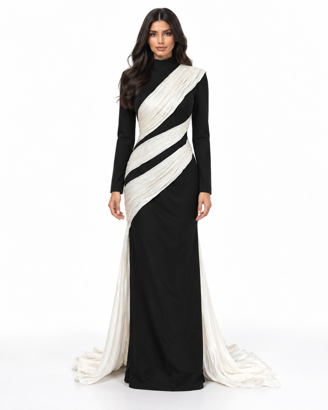 Contrast Draped Column Gown - Monochrome