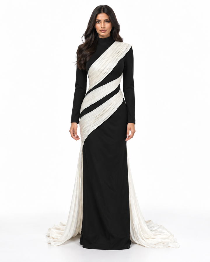 Contrast Draped Column Gown - Monochrome