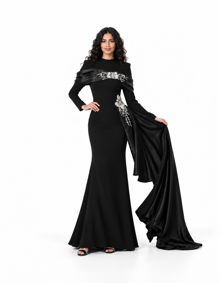 Black Crystal Embellished Draped Cape Maxi Dress - Alessia