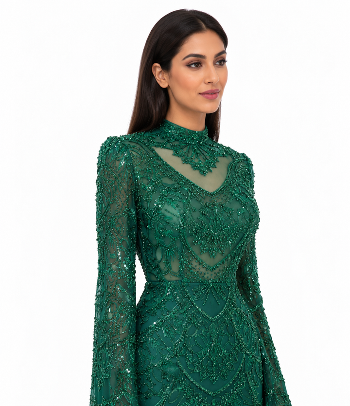 Emerald Green High-Neck Beaded Cape Maxi Dress - Esmeralda
