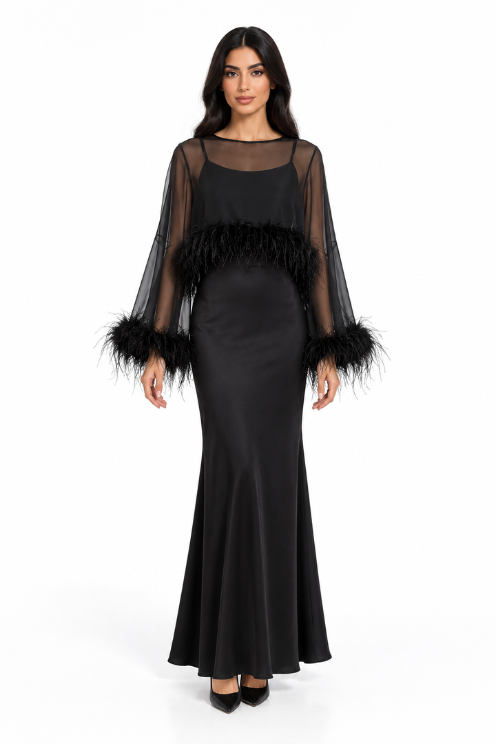 Feather Trim Sheer Overlay Evening Gown - Noirissa