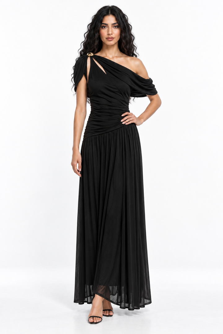 Asymmetric Ruched One-Shoulder Evening Gown - Rosavina