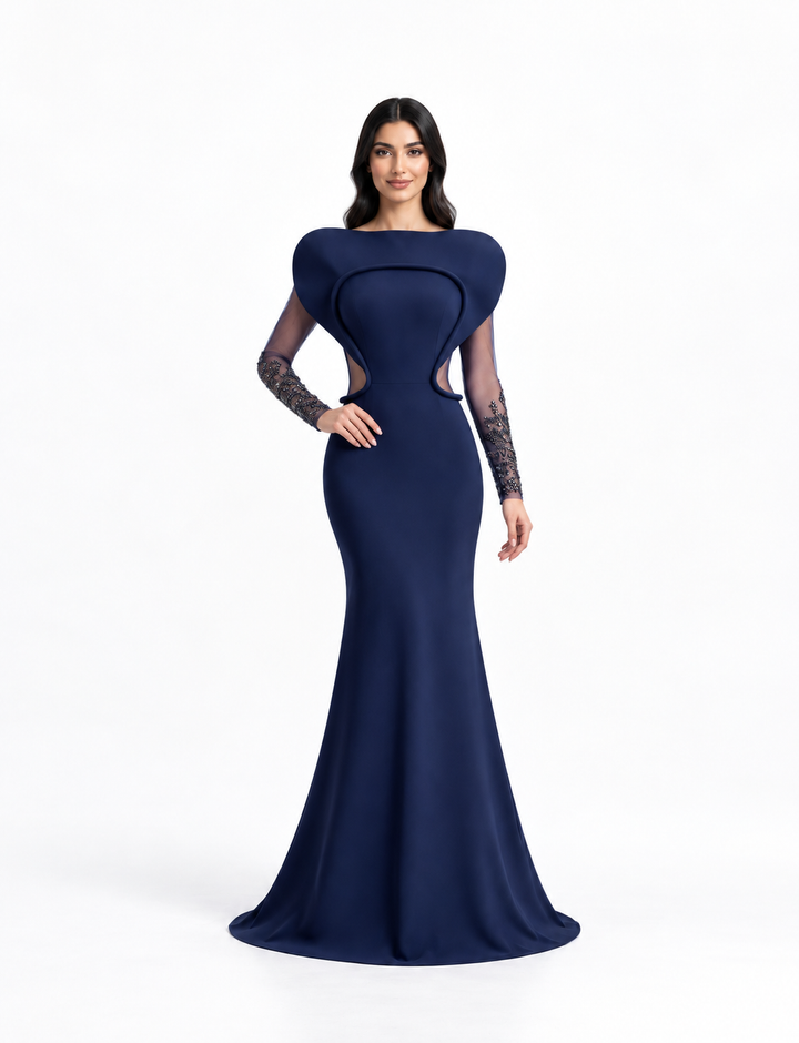 Navy Blue Sculpted Shoulder Beaded Mermaid Maxi Dress - Celestia