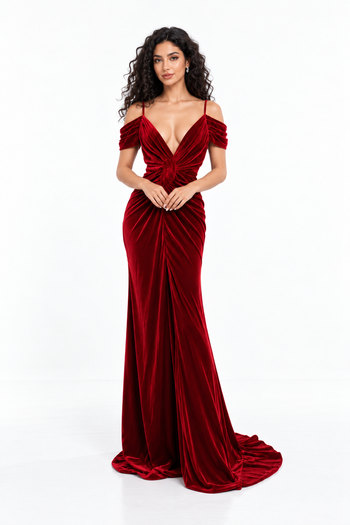 Ruby Velvet Draped Gown -Virelia