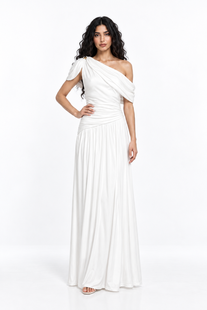 Asymmetric Ruched One-Shoulder Evening Gown - Rosavina