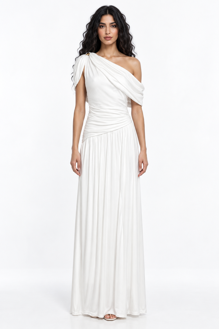 Asymmetric Ruched One-Shoulder Evening Gown - Rosavina
