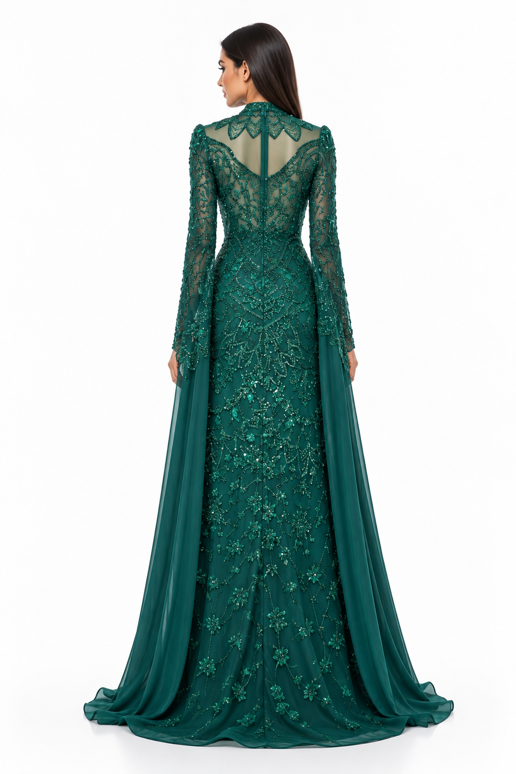 Emerald Green High-Neck Beaded Cape Maxi Dress - Esmeralda