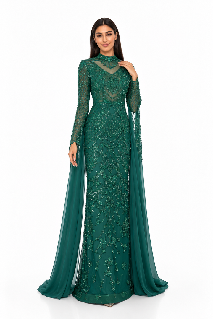 Emerald Green High-Neck Beaded Cape Maxi Dress - Esmeralda