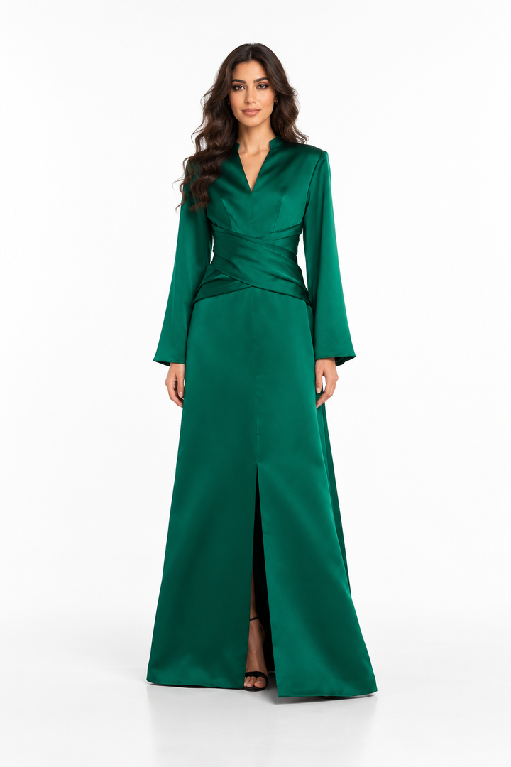 Emerald Satin Wrap Gown -Elarisse