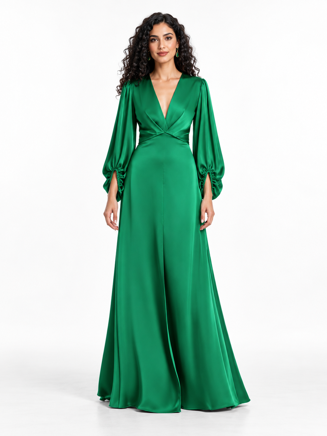 Emerald Satin Sleeve Gown -Verdessa