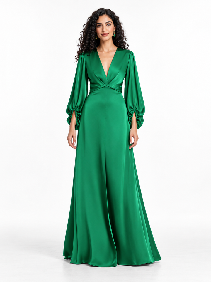 Emerald Satin Sleeve Gown -Verdessa