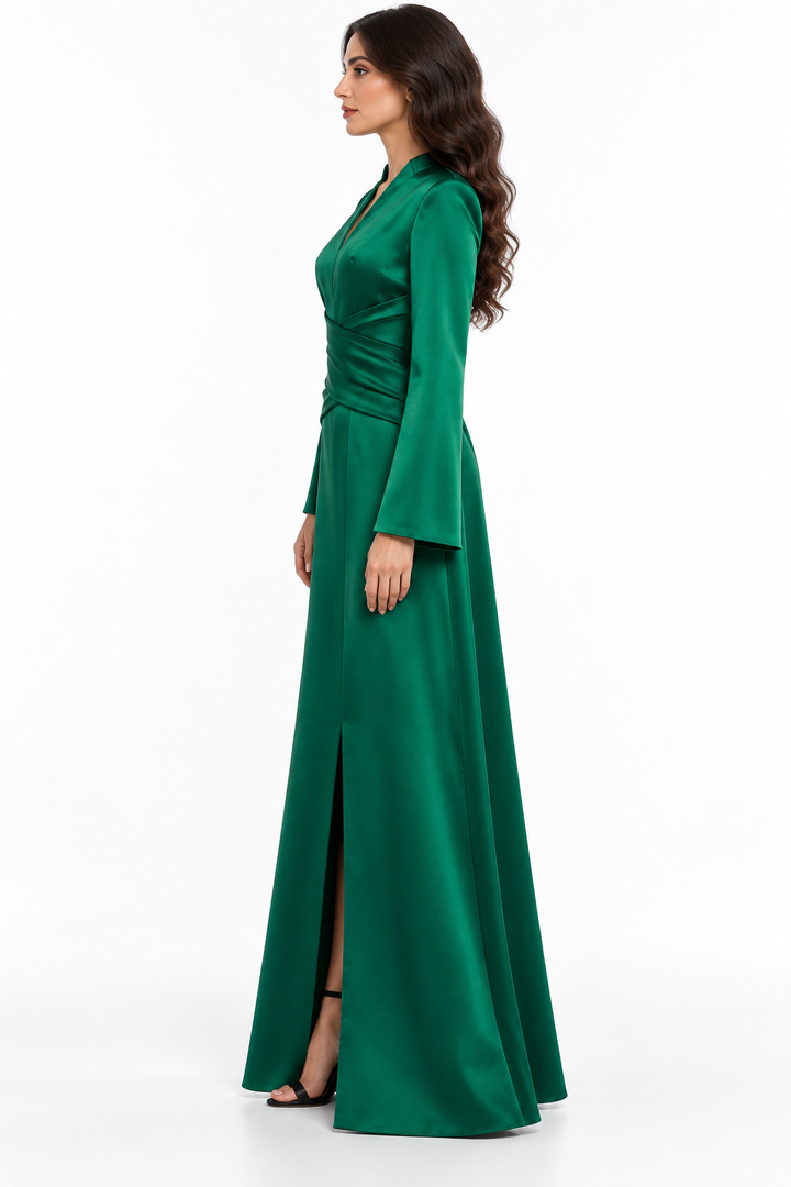 Emerald Satin Wrap Gown -Elarisse