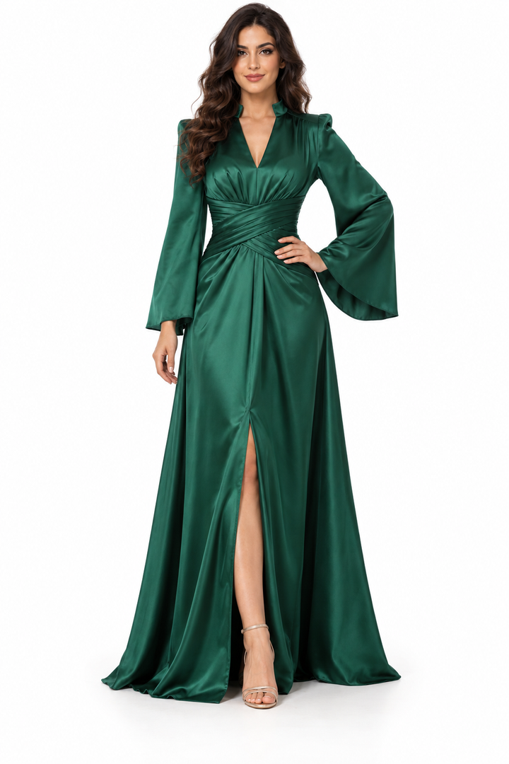Emerald Satin Wrap Gown -Elarisse
