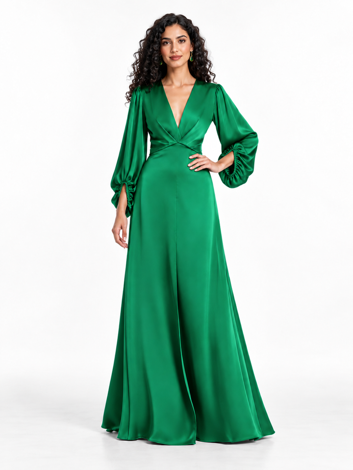 Emerald Satin Sleeve Gown -Verdessa