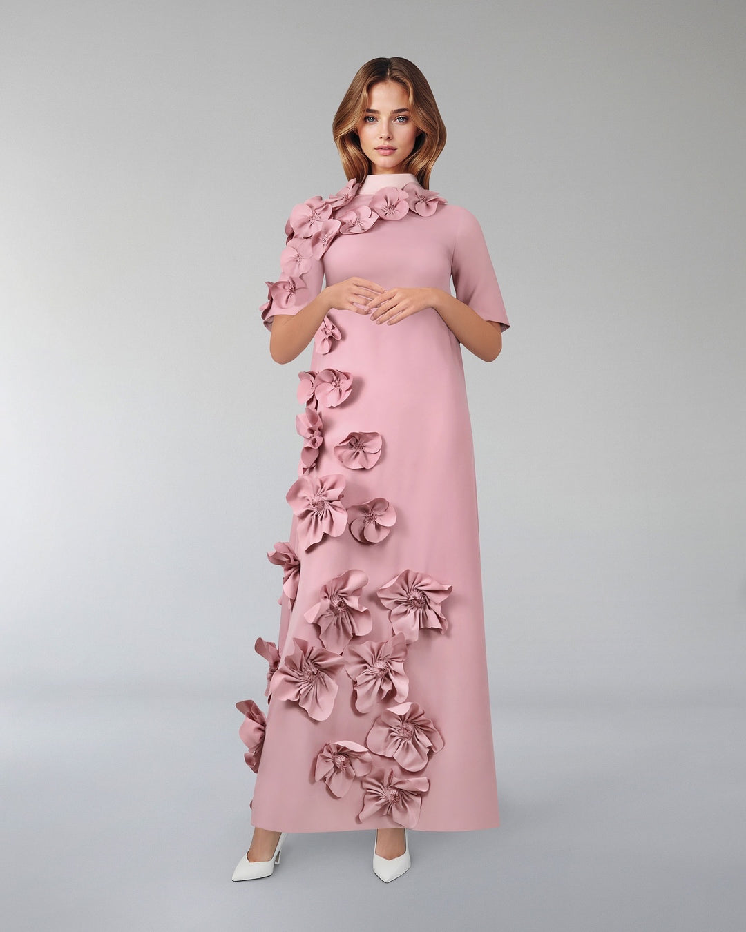 Flowered column dress with satin strips - ZOISH