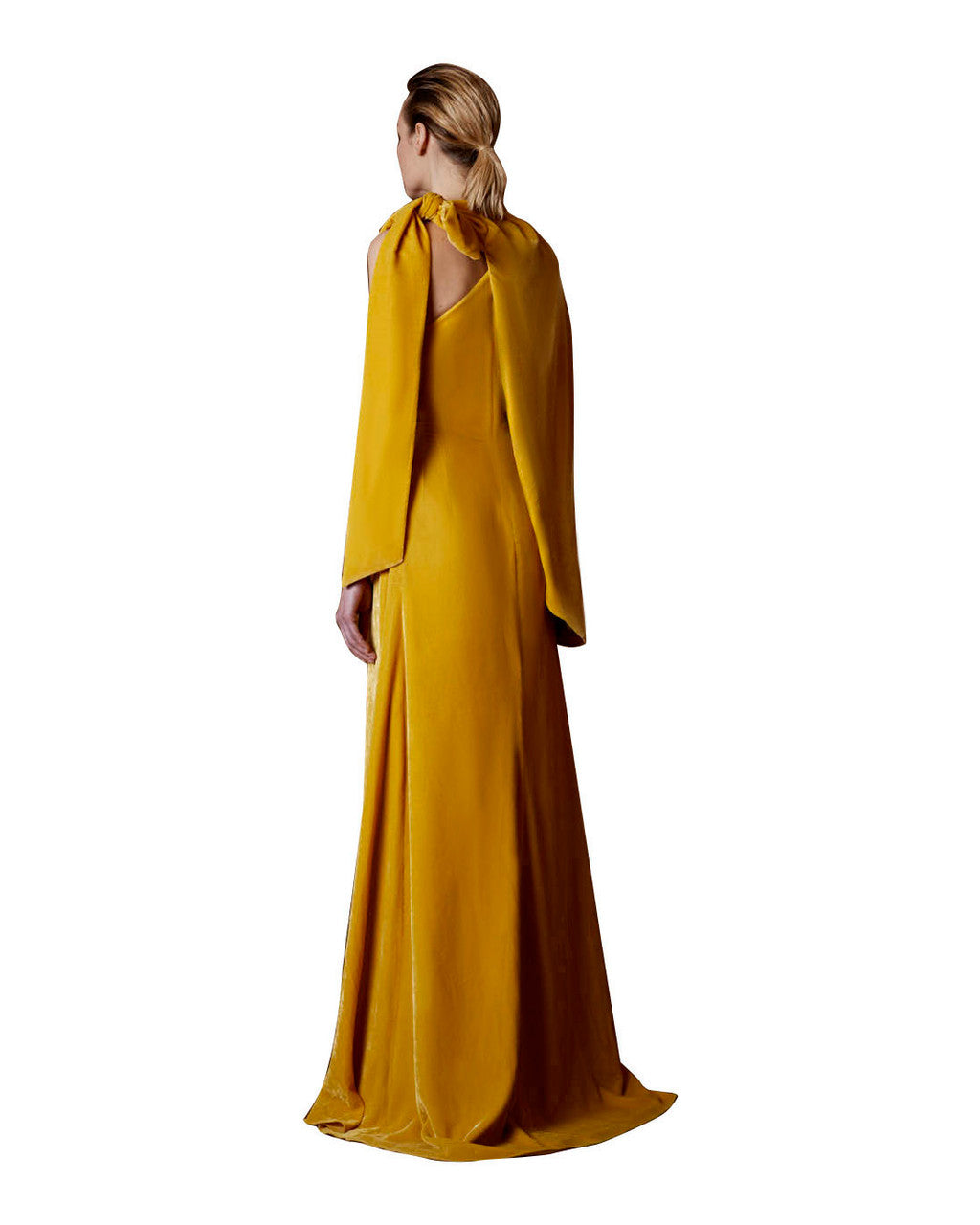 فستان سهرة مخملي غير متماثل بكتف منسدل وفتحة جانبية – سلمى