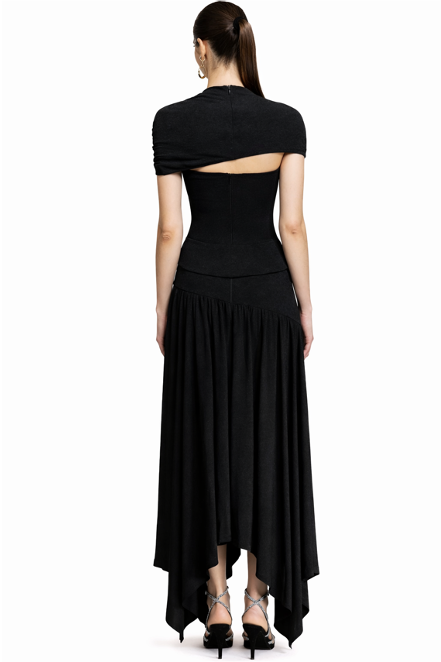 asymmetric ruched evening dress with draped neckline – VEIL