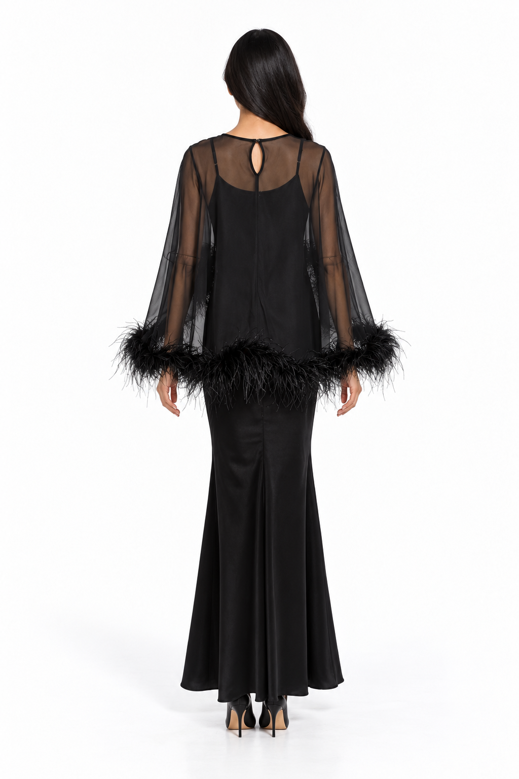 Feather Trim Sheer Overlay Evening Gown - Noirissa