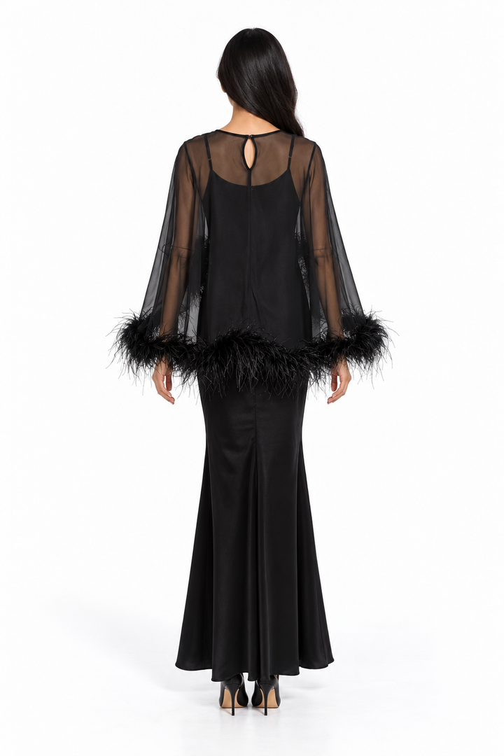Feather Trim Sheer Overlay Evening Gown - Noirissa