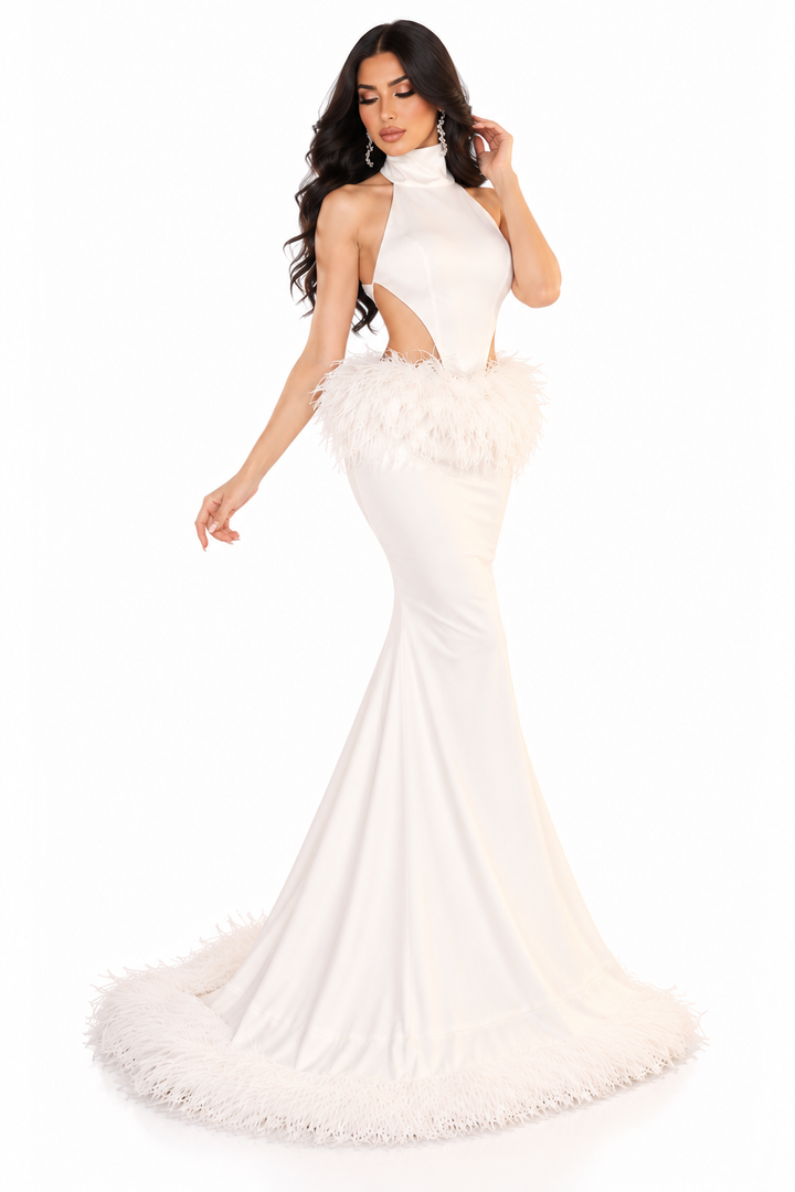 Feather Halter Gown - Jade