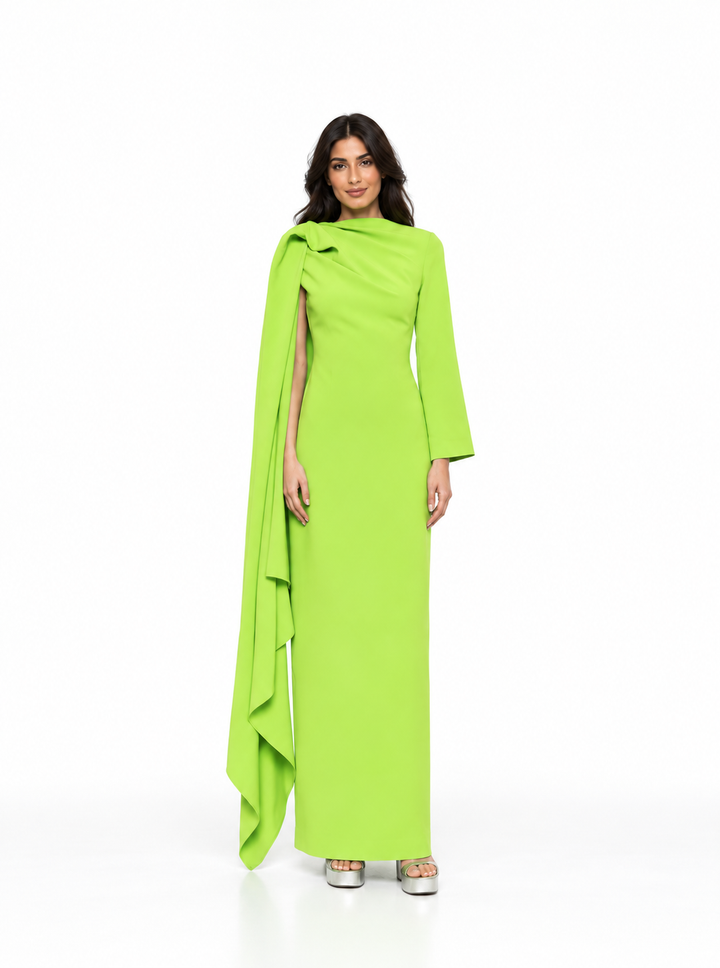 Lime Green Asymmetric Draped Cape Maxi Dress - Zaria