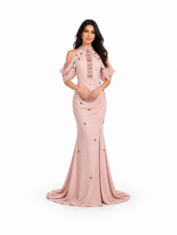 Blush Pink Embellished Cold-Shoulder Mermaid Maxi Dress - Seraphina