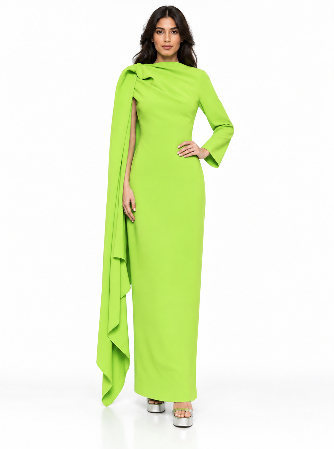 Lime Green Asymmetric Draped Cape Maxi Dress - Zaria