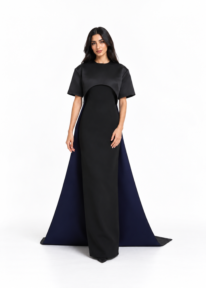 Black Short Sleeve Cape Maxi Dress - Onyx