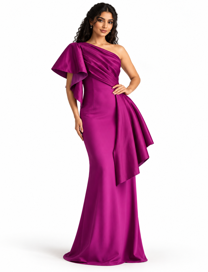 One-Shoulder Draped Satin - Magentaire