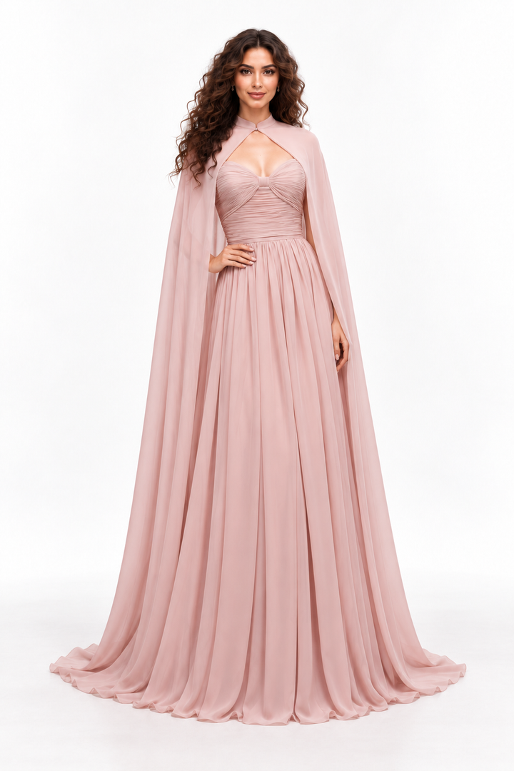 Ruched Bodice Cape Evening Gown - Celestia