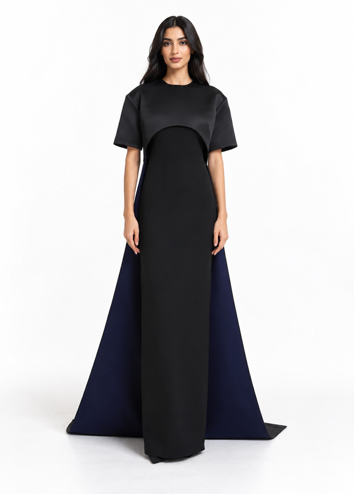 Black Short Sleeve Cape Maxi Dress - Onyx