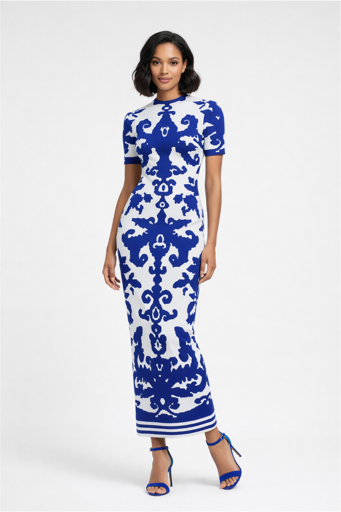 Short-Sleeve Bodycon Maxi Dress with Ornate Print – AZURE