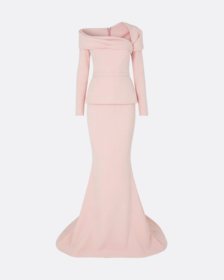 off-shoulder draped gown with peplum waist – SERENL-1