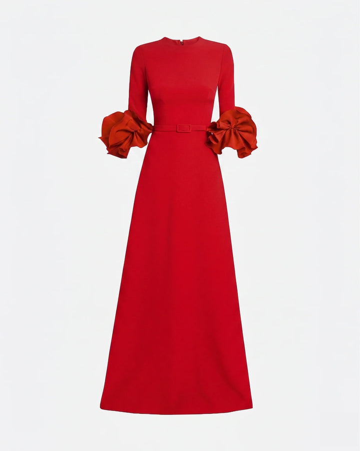belted maxi dress with organza ruffle cuffs – NAVELLA