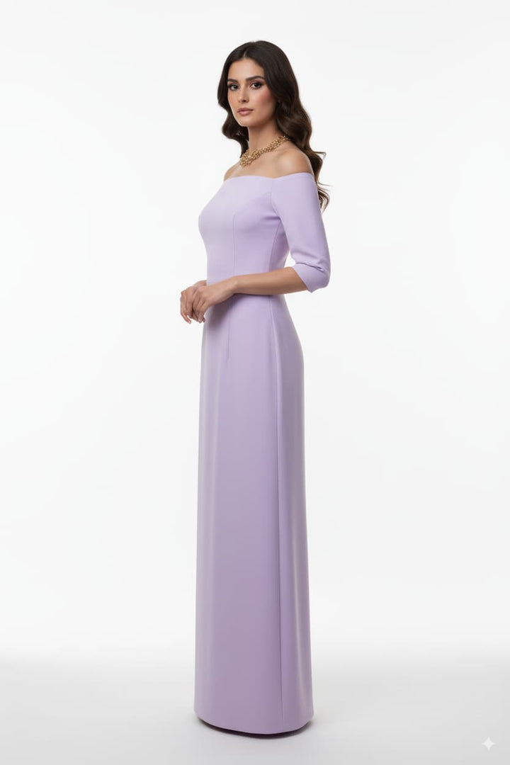 off-shoulder lilac gown with fitted bodice – AMILYA