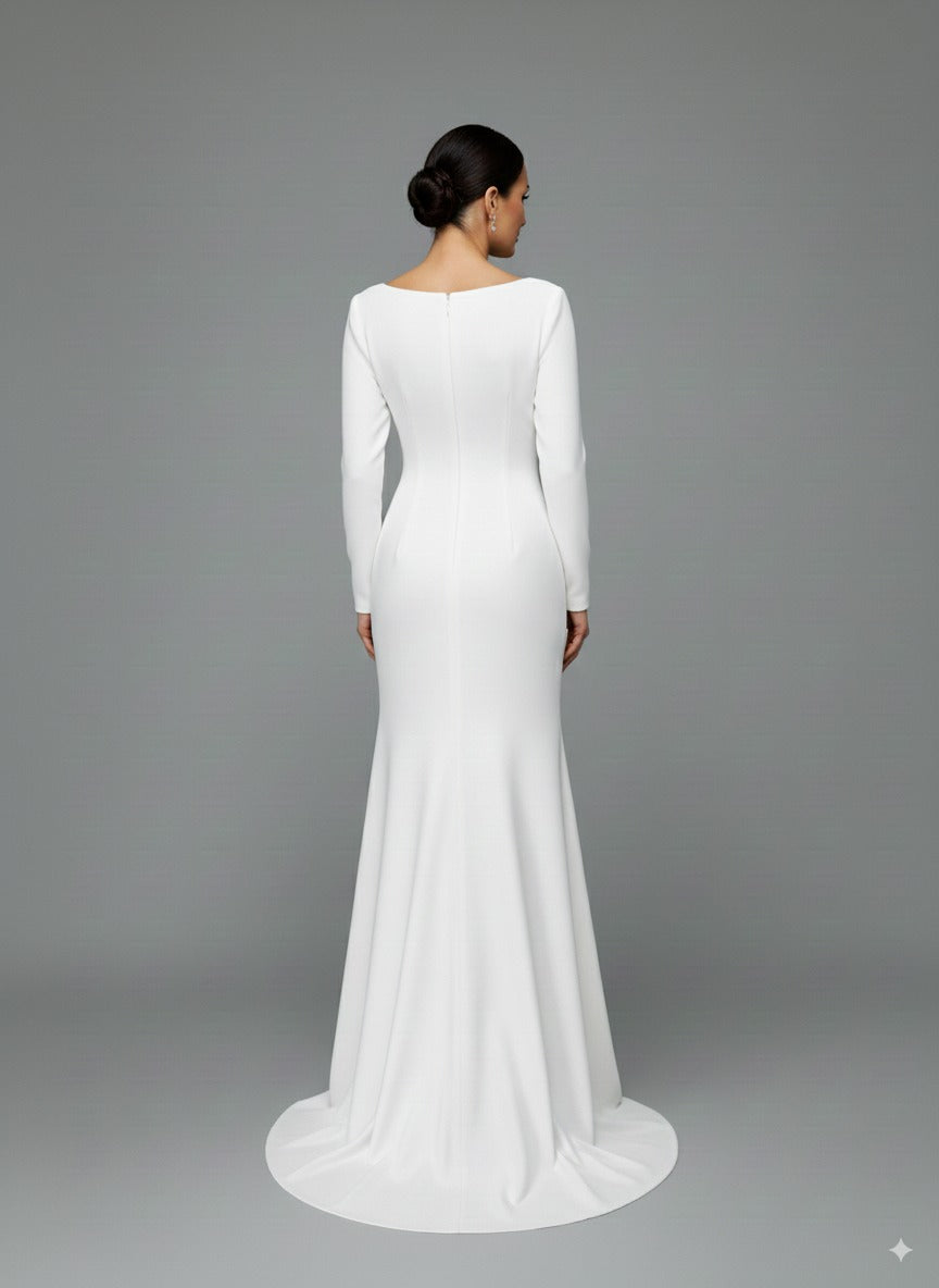 long-sleeve ivory gown with black floral embroidery – VIVIANE