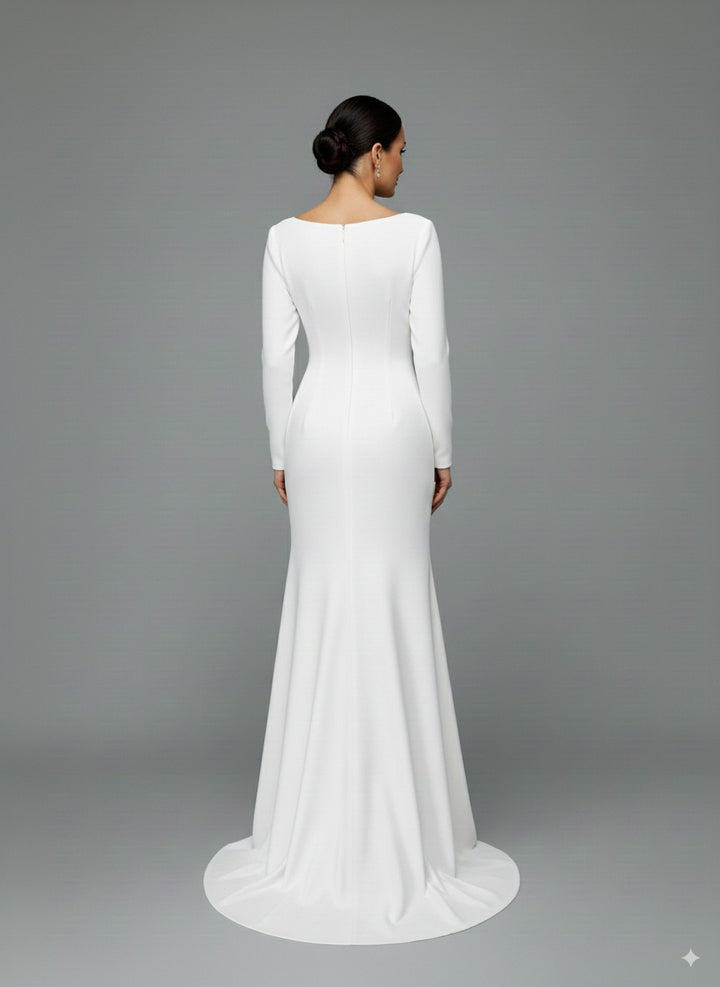 long-sleeve ivory gown with black floral embroidery – VIVIANE