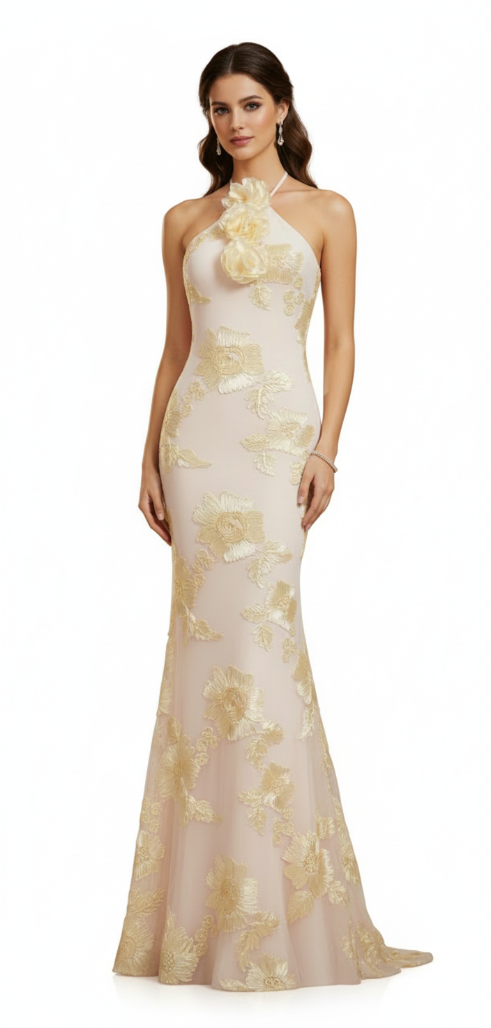 Halter-Neck Floral Lace Evening Gown – IVORY