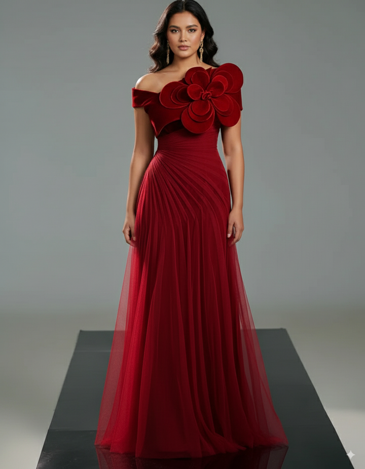 فستان مكشوف الكتفين بكسرات وتفاصيل زهور كبيرة الحجم – سكارفة