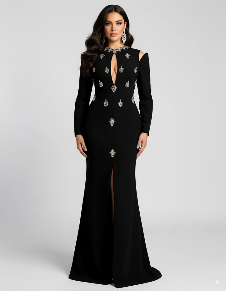 Long Sleeve Embellished Gown with Front Slit - NOIIR-1