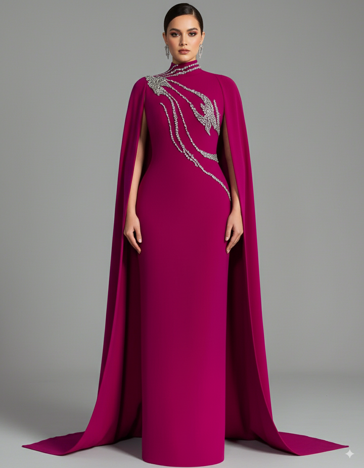 High-neck column dress with embellished maxi cape – Fugara-1