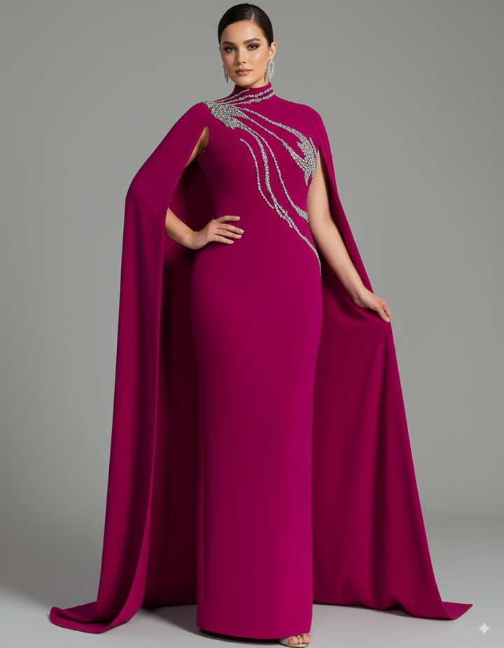 High-neck column dress with embellished maxi cape – Fugara-1