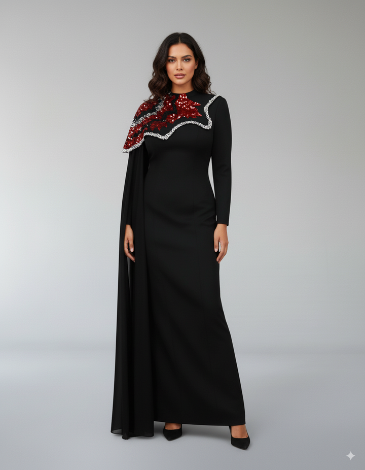 one-shoulder embellished column gown with sequin motif – REVAKTO-1