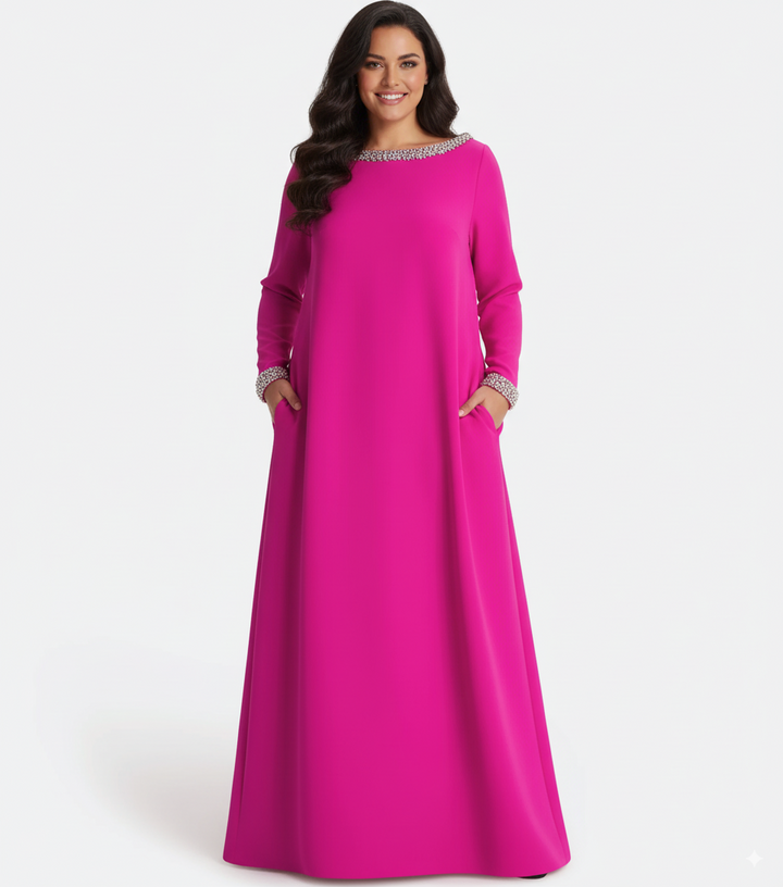 فستان بأكمام طويلة وقصة A مع رقبة مزينة – فوس-1
