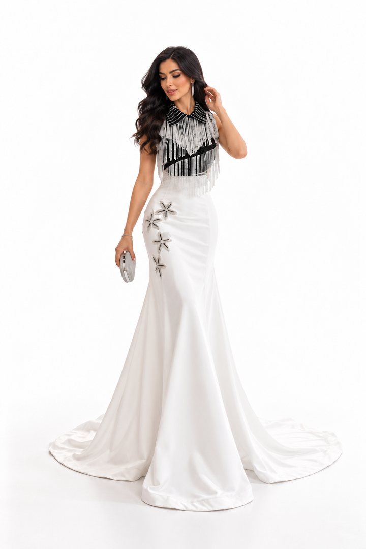 Fringe Collar Embellished Mermaid Evening Gown - Monarque