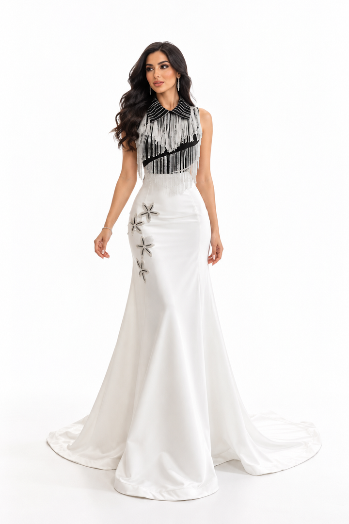 Fringe Collar Embellished Mermaid Evening Gown - Monarque