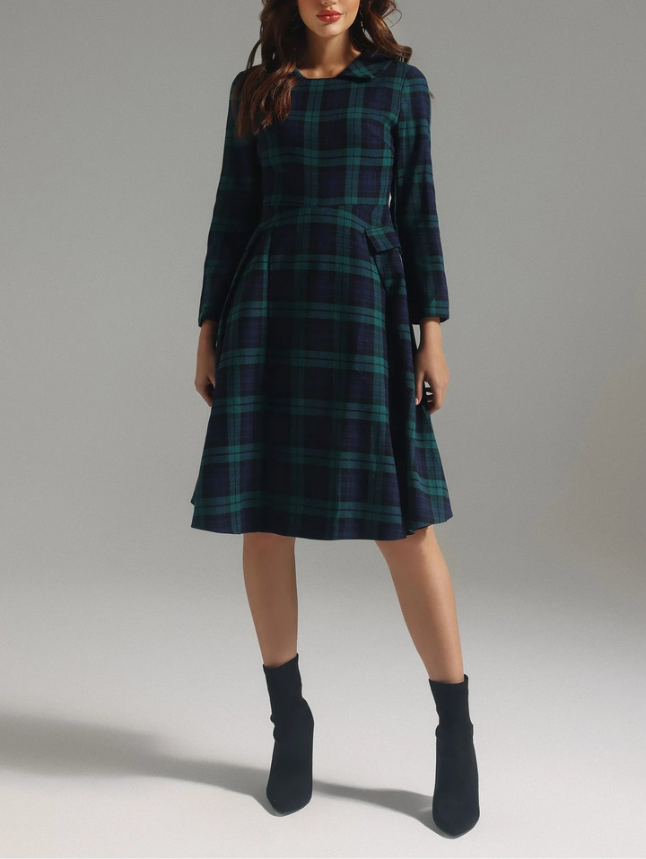 plaid fit-and-flare midi dress with waist detail – HIGHLAND