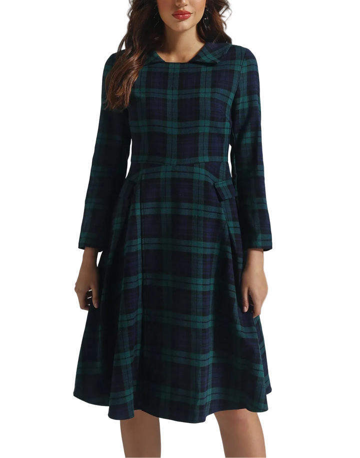 plaid fit-and-flare midi dress with waist detail – HIGHLAND